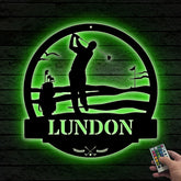 Custom Golfing Metal Wall Art With Led Light, Personalized Golfer Metal Name Sign, 19th Hole Golf Club Patio Metal Led Sign